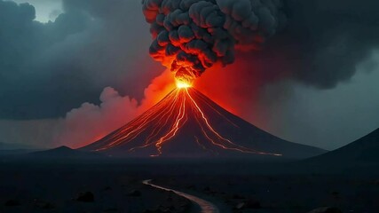 Dramatic Volcano Eruption at Night: Fiery Lava Flow, Ash Cloud & Natural Disaster. - Powered by Adobe