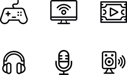 Multimedia and Entertainment Line Icons Set. And Black Outline Vector.
