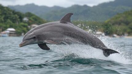 Fototapeta premium Leaping dolphin in ocean, coastal scenery