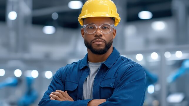 Confident male worker in yellow safety helmet and glasses standing in modern industrial facility with crossed arms