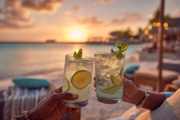 Couple toasting drinks at sunset