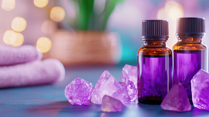 Aromatherapy setup with essential oils, crystals, and soft towels creates calming atmosphere for relaxation and wellness