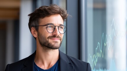 Thoughtful businessman gazing out of office window, contemplating future opportunities and market trends in modern workspace