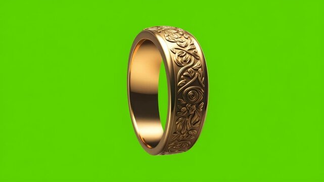 A close-up of a golden ring against a vibrant green background, perfect for showcasing exquisite jewelry design. The ring boasts intricate details and a luxurious appearance.