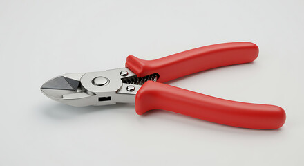 A precision wire cutter with red rubber grips and stainless steel blades, photographed on a light background.