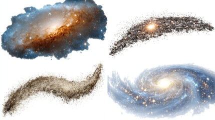 Four cosmic images showing celestial bodies with varying colors, shapes, and compositions, floating in dark space