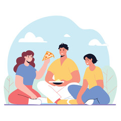 Three friends enjoying a sunny day picnic with pizza and good company outdoors
