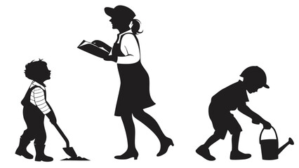 Obraz premium A woman reading a book to children in a garden with one child digging and another watering plants