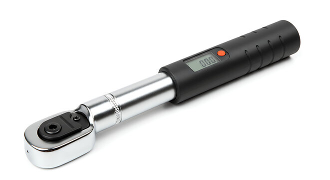 A modern torque wrench with a built-in digital display and black grip handle, isolated on white background.
