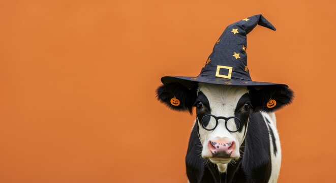 Cow in Witch Hat and Glasses - A cute cow wearing a witch's hat and glasses against an orange background. Perfect for Halloween or farm-themed content - Powered by Adobe