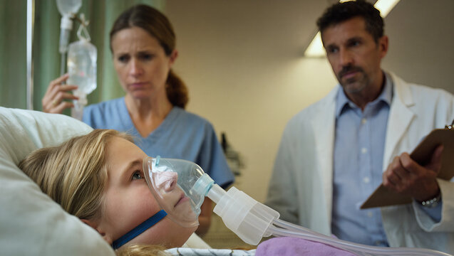 A young patient lies in a hospital bed with an oxygen mask, as medical staff monitor her condition attentively.