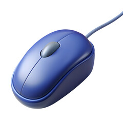 A blue computer mouse with a grey scroll wheel and cord isolated on transparent background