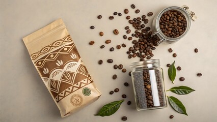 Roasted Coffee Beans Packaging Beans and Leaves  Gourmet Coffee Product Photography