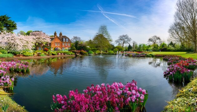 panorama of the flower garden park pond in the blackheath village in the spring season in london borough of lewisham uk