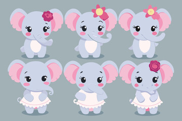 Obraz premium Six Adorable Baby Elephant Illustrations in Dresses