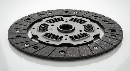 A car clutch disc with visible friction material and central springs, lying flat on a white reflective surface.