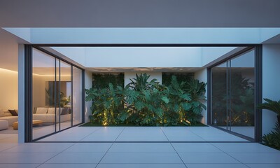 A modern luxury home's internal courtyard showcasing a lush, illuminated vertical garden, seamlessly connecting indoor and outdoor living through expansive sliding glass doors at twilight.
