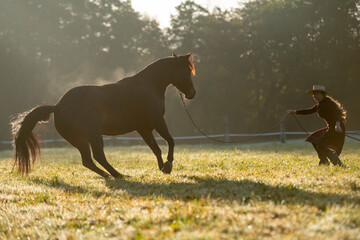 Cowgirl lunging her horse in the field and bonding