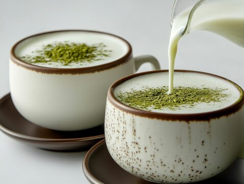warm matcha green tea latte in ceramic mugs with milk being poured, japanese matcha latte served in speckled ceramic cups with powdered green tea topping