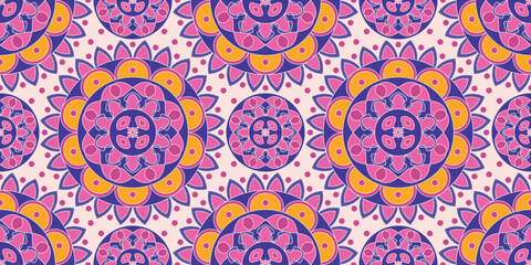 Seamless pattern with traditional Indian floral ornament for fabric swatch or wrapping paper. Vector abstract kaleidoscopic background