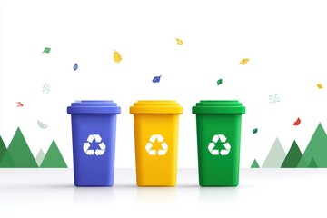 Colorful Recycling Bins with Eco-Friendly Symbols Surrounded by Icons of Nature and Green Elements
