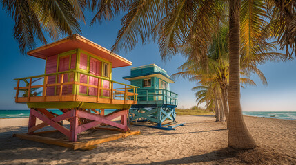 Fototapeta premium Miami beach with colorful lifeguard towers