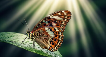 Beautiful Orange Butterfly with Intricate Wing Patterns Perched on a Dew-Kissed Green Leaf, Illuminated by Soft Sunlight Rays in a Serene Natural Setting