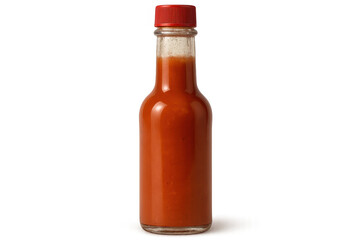 Hot sauce bottle with bright red cap, containing fiery red liquid, positioned against pristine white backdrop