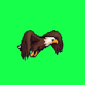 Pixelated eagle soaring skyward animation, transparent 4K video, green screen