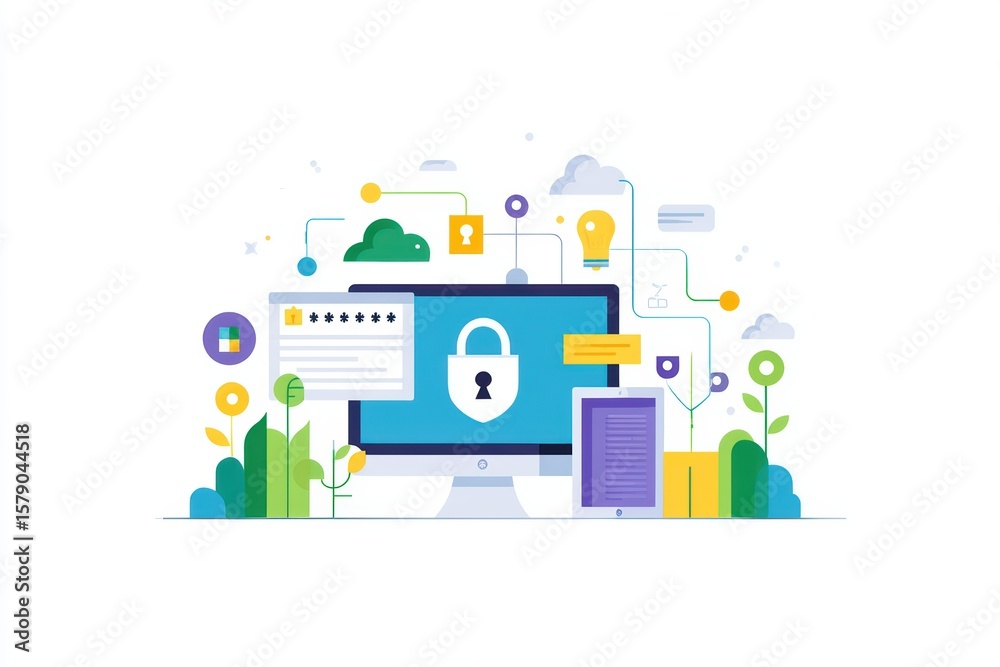 Poster digital security illustration featuring computer screen with lock symbol and colorful data protectio