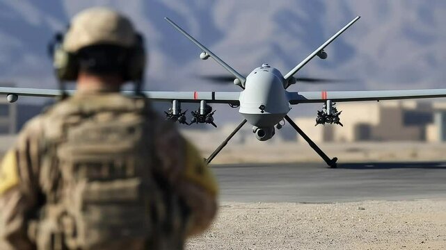 A ground crew member oversees a sophisticated combat drone on a remote airbase.