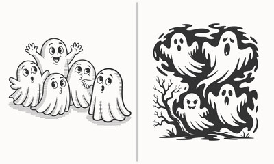 Obraz premium Adorable Cartoon Ghosts Peeking from Behind Curtains, Cute Halloween Ghost Characters with Happy Faces, Fun and Playful Halloween Illustration for Kids, Scary Yet Fun Ghost Design for Spooky Decoratio