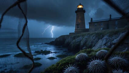 Lighthouse under thunderstorm on a dark coastline