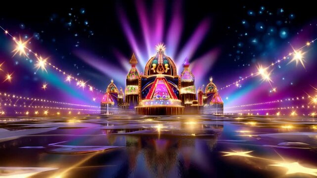 A stunning, illuminated palace under a starlit sky, creating a magical and festive atmosphere. The scene is bathed in vibrant colors, with intricate architectural details.
