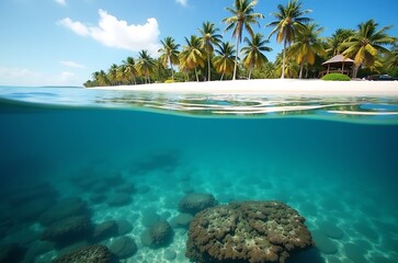 Tropical Paradise Beach Turquoise Water, Coral Reef, Underwater View ai generated
