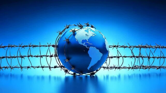 A world of limitations: A conceptual image of earth, enclosed by barbed wire, portraying restrictions on travel or environmental degradation.
