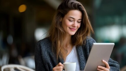 A woman enjoying a cup of coffee while reading a digital tablet. The woman has a gentle smile on her face - Powered by Adobe