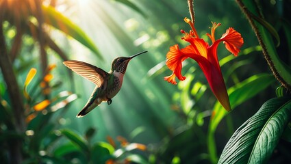 Hummingbird Flying to Red Flower in a Lush Green Jungle