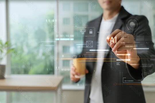 Modern businessman interacts with AI technology through holographic interface, holding coffee in bright office as he navigates data visualizations seamlessly, embracing technological advancements.