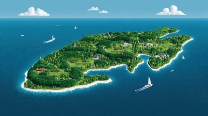 Naklejka premium Beautiful Illustrated Island Landscape with Lush Greenery and Clear Blue Waters under a Bright Sky