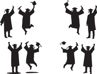 Silhouette of Graduating Students Celebrating Academic Achievement with Caps and Gowns in Graduation Ceremony.