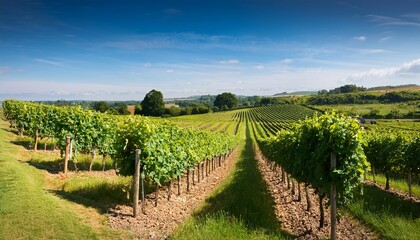 Fototapeta premium rows of vines in an english vineyard on a sunny summer s day