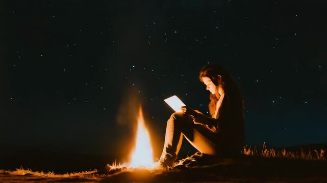 A tranquil scene unfolds as a woman enjoys a book by the warm glow of a campfire beneath a starry sky. It captures the essence of relaxation and a moment of peaceful solitude in nature.