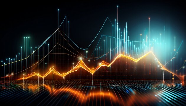 financial trend graph with rising and falling lines on a black background glowing points highlighting key data points modern aesthetic