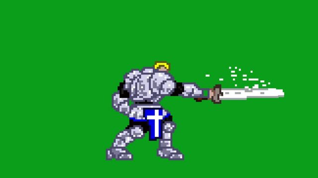 Animation of an old game 32-bit animation of a medieval soldier with his sword on a green background, pixel art. - Powered by Adobe