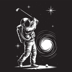 Astronaut swinging a golf club toward a glowing black hole under starry night space sky, vector illustration design. © DesignIMT
