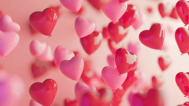 Love blooms in this image with a plethora of heart-shaped balloons. Floating gently against a soft, blurred background, their glossy surfaces reflect light.