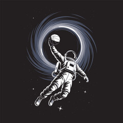 Astronaut flying through space mid-air to dunk a basketball into a swirling cosmic hoop, vector illustration design. © DesignIMT