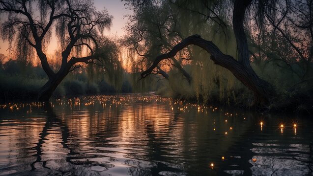 River with trees and light orbs at twilight landscape - Powered by Adobe