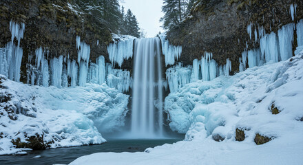 Frozen waterfall with icicles hanging from cliffs snowcovered rocks and ground